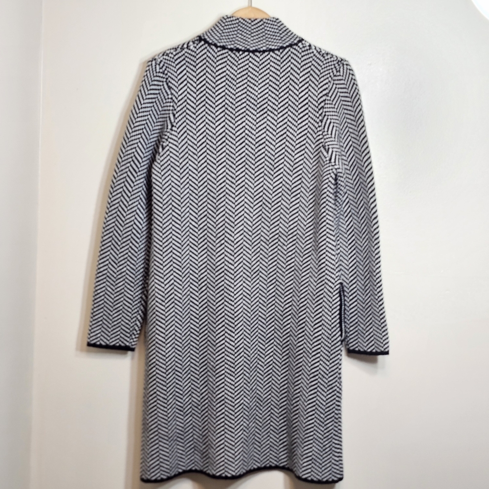 Gio & Gio Italy Black White Chevron Herringbone Knit Long Coat Cardigan Jacket L - Picture 3 of 15